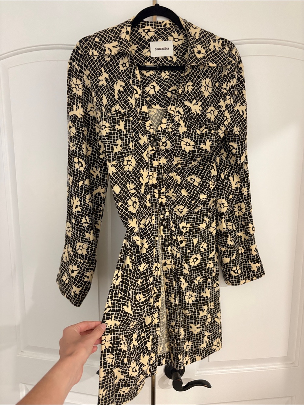Nanushka Black & Cream Printed Shirt Dress waist sinched